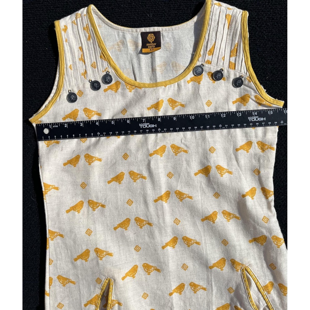 Mother Earth Dress Womens XS White Yellow Bird Print Sleeveless Pockets A-Line - Picture 5 of 12